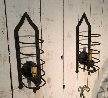 Wrought Iron Cage Wall Lights, 1950s, Set of 2-BA-1365640