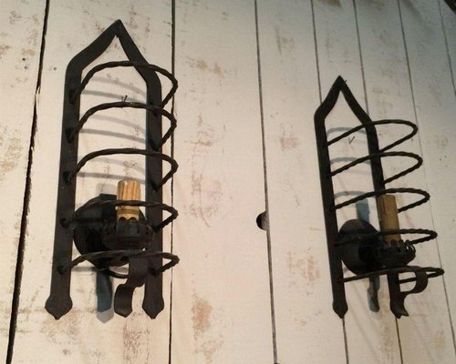 Wrought Iron Cage Wall Lights, 1950s, Set of 2-BA-1365640