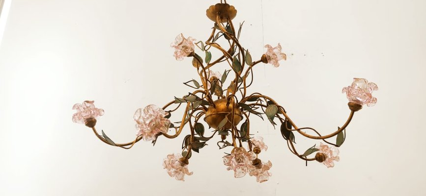 Wrought Iron Chandelier with Vitri in Pink Murano-QLH-1315029