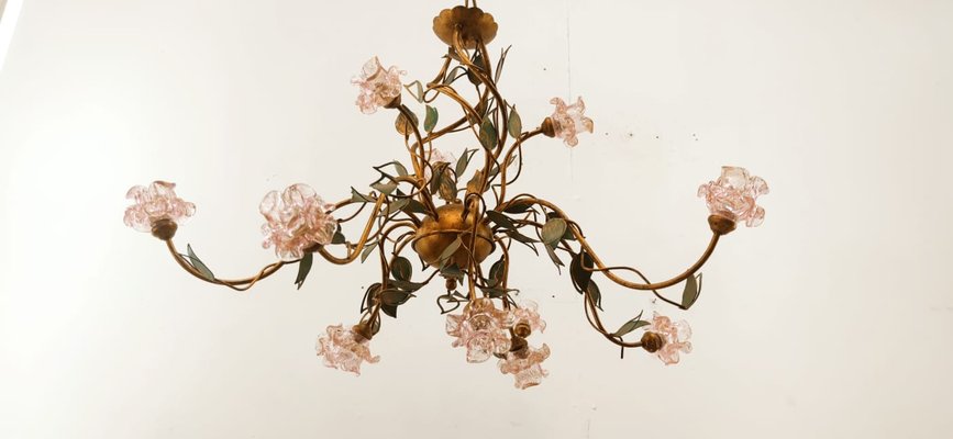 Wrought Iron Chandelier with Vitri in Pink Murano-QLH-1315029