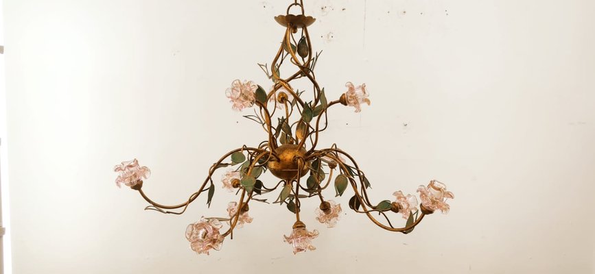 Wrought Iron Chandelier with Vitri in Pink Murano-QLH-1315029