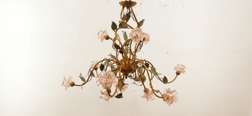 Wrought Iron Chandelier with Vitri in Pink Murano-QLH-1315029