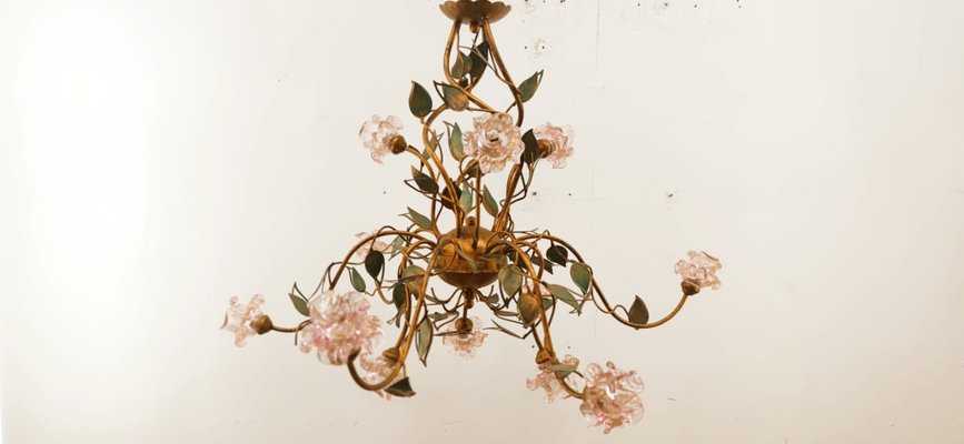 Wrought Iron Chandelier with Vitri in Pink Murano-QLH-1315029