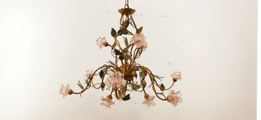 Wrought Iron Chandelier with Vitri in Pink Murano-QLH-1315029