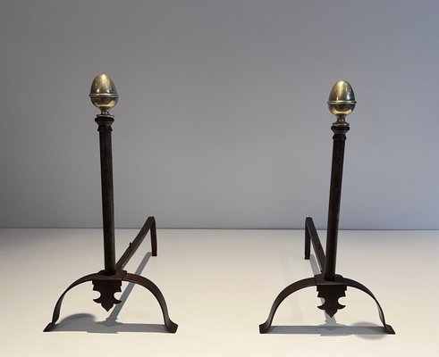 Wrought Iron Chenets and Brass, 1950s, Set of 2-BA-1777330