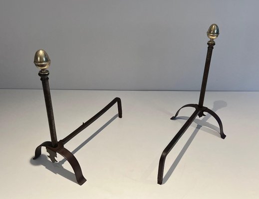 Wrought Iron Chenets and Brass, 1950s, Set of 2-BA-1777330