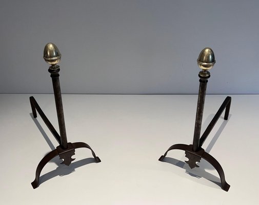 Wrought Iron Chenets and Brass, 1950s, Set of 2-BA-1777330