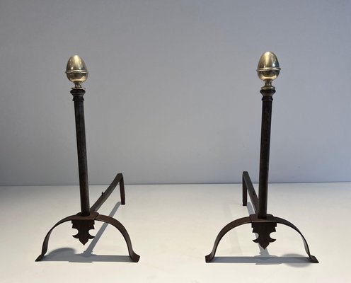 Wrought Iron Chenets and Brass, 1950s, Set of 2-BA-1777330