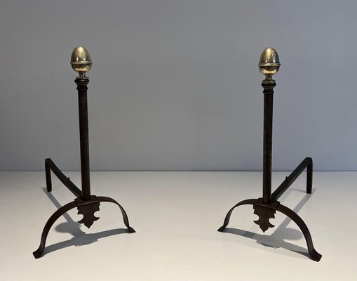 Wrought Iron Chenets and Brass, 1950s, Set of 2-BA-1777330