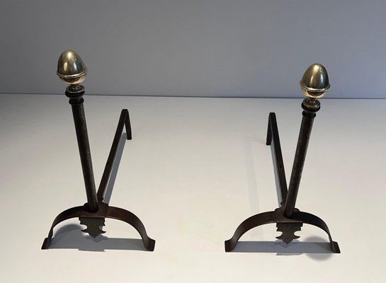 Wrought Iron Chenets and Brass, 1950s, Set of 2-BA-1777330