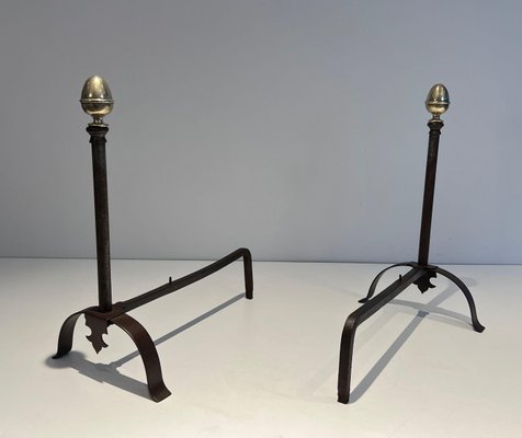 Wrought Iron Chenets and Brass, 1950s, Set of 2-BA-1777330