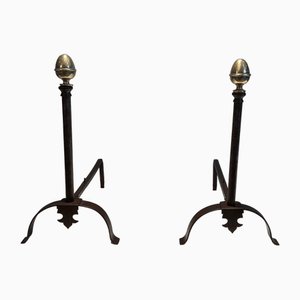 Wrought Iron Chenets and Brass, 1950s, Set of 2-BA-1777330