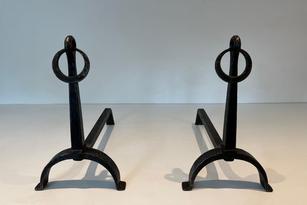 Wrought Iron Chenets in the style of Jacques Adnet, 1950s, Set of 2-BA-1786672