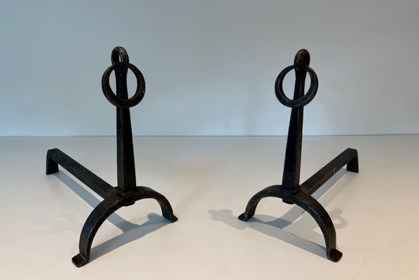 Wrought Iron Chenets in the style of Jacques Adnet, 1950s, Set of 2-BA-1786672