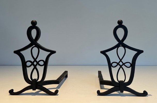 Wrought Iron Chenets in the style of Raymond Subes, 1940s, Set of 2-BA-1481506