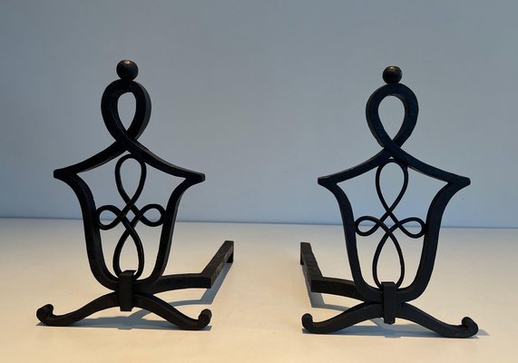 Wrought Iron Chenets in the style of Raymond Subes, 1940s, Set of 2-BA-1481506