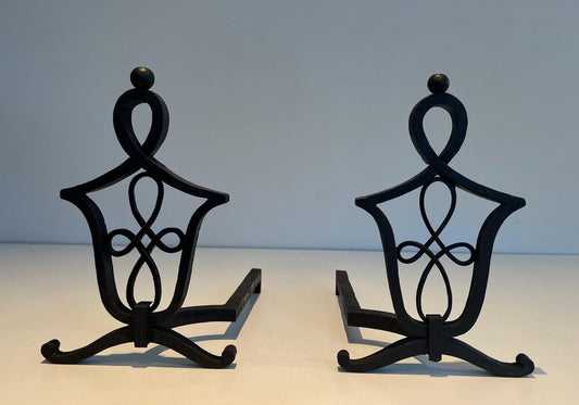 Wrought Iron Chenets in the style of Raymond Subes, 1940s, Set of 2