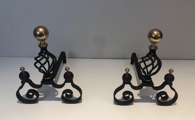 Wrought Iron Chenets Surmounted by a Brass Ball, 1970s, Set of 2-BA-1787100