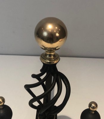 Wrought Iron Chenets Surmounted by a Brass Ball, 1970s, Set of 2-BA-1787100