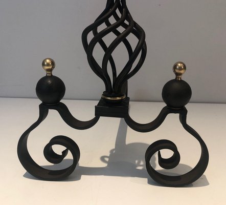 Wrought Iron Chenets Surmounted by a Brass Ball, 1970s, Set of 2-BA-1787100