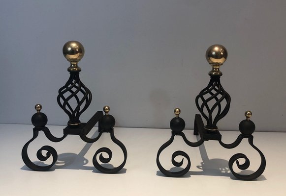 Wrought Iron Chenets Surmounted by a Brass Ball, 1970s, Set of 2-BA-1787100