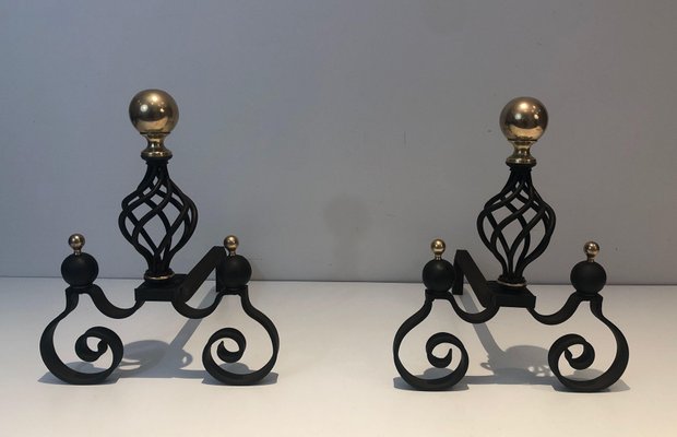 Wrought Iron Chenets Surmounted by a Brass Ball, 1970s, Set of 2-BA-1787100