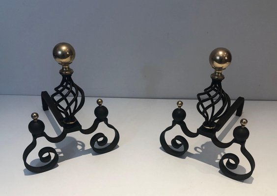 Wrought Iron Chenets Surmounted by a Brass Ball, 1970s, Set of 2-BA-1787100