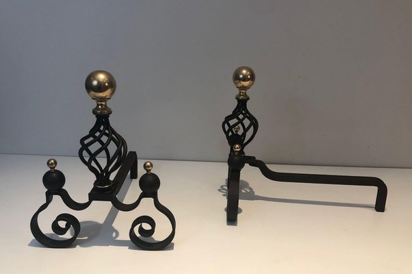 Wrought Iron Chenets Surmounted by a Brass Ball, 1970s, Set of 2-BA-1787100