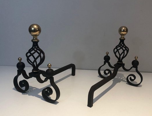 Wrought Iron Chenets Surmounted by a Brass Ball, 1970s, Set of 2-BA-1787100