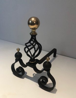 Wrought Iron Chenets Surmounted by a Brass Ball, 1970s, Set of 2-BA-1787100