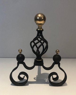 Wrought Iron Chenets Surmounted by a Brass Ball, 1970s, Set of 2-BA-1787100