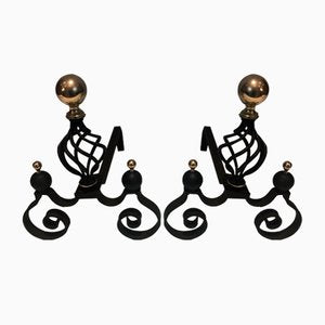 Wrought Iron Chenets Surmounted by a Brass Ball, 1970s, Set of 2-BA-1787100