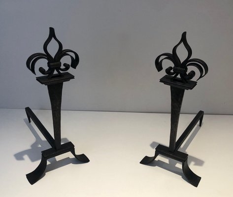 Wrought Iron Chenets with Lily Flowers, Set of 2-BA-1787273