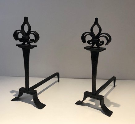 Wrought Iron Chenets with Lily Flowers, Set of 2-BA-1787273