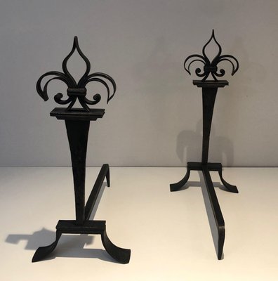 Wrought Iron Chenets with Lily Flowers, Set of 2-BA-1787273