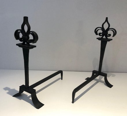 Wrought Iron Chenets with Lily Flowers, Set of 2-BA-1787273