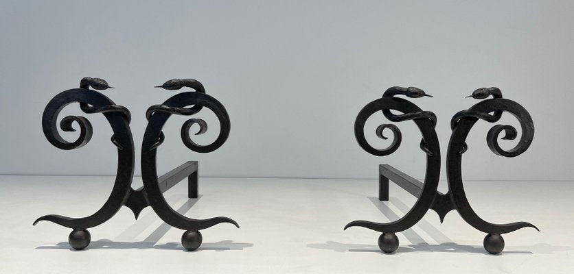 Wrought Iron Chenets with Snakes in the style of Edgar Brandt, 1950s, Set of 2-BA-1787271