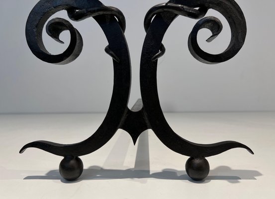 Wrought Iron Chenets with Snakes in the style of Edgar Brandt, 1950s, Set of 2-BA-1787271