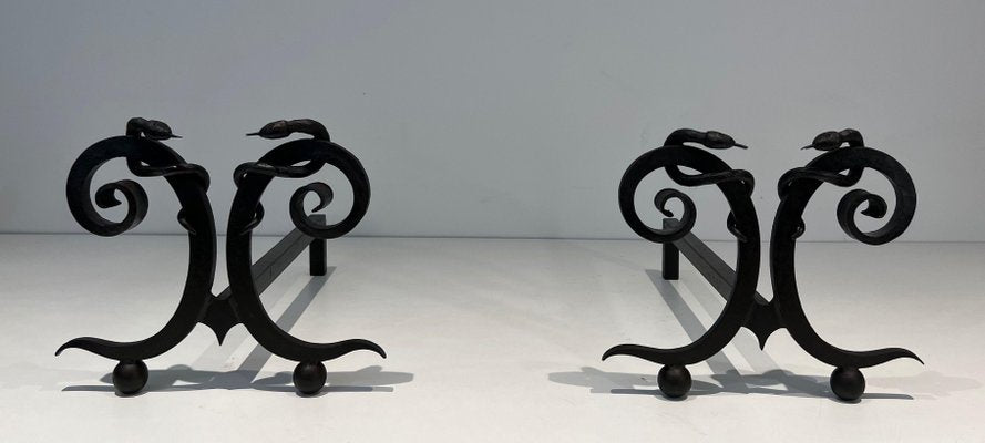 Wrought Iron Chenets with Snakes in the style of Edgar Brandt, 1950s, Set of 2-BA-1787271