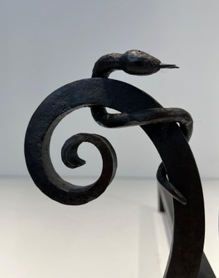 Wrought Iron Chenets with Snakes in the style of Edgar Brandt, 1950s, Set of 2-BA-1787271