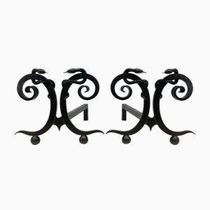 Wrought Iron Chenets with Snakes in the style of Edgar Brandt, 1950s, Set of 2-BA-1787271