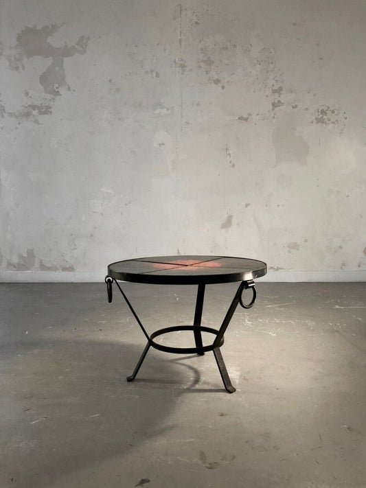 Wrought Iron Coffee Table in Lava Stone in the style of Jean and Robert Cloutier, France, 1950s