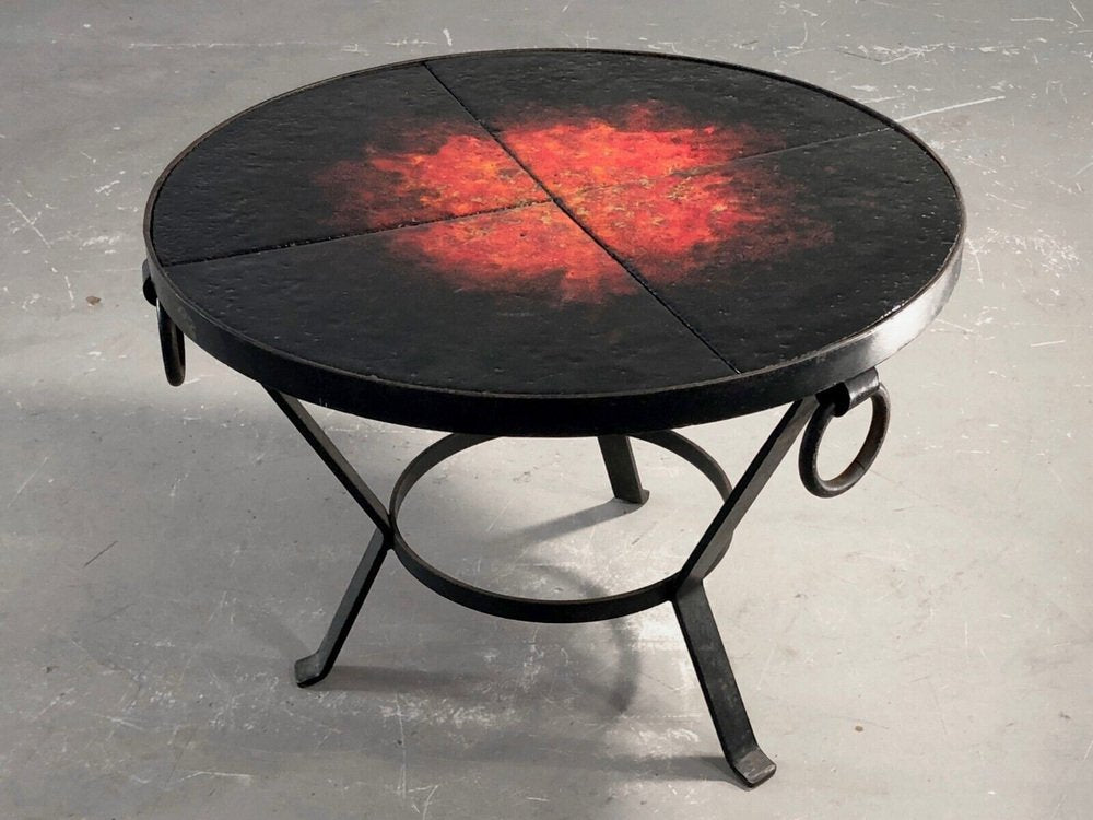 Wrought Iron Coffee Table in Lava Stone in the style of Jean and Robert Cloutier, France, 1950s