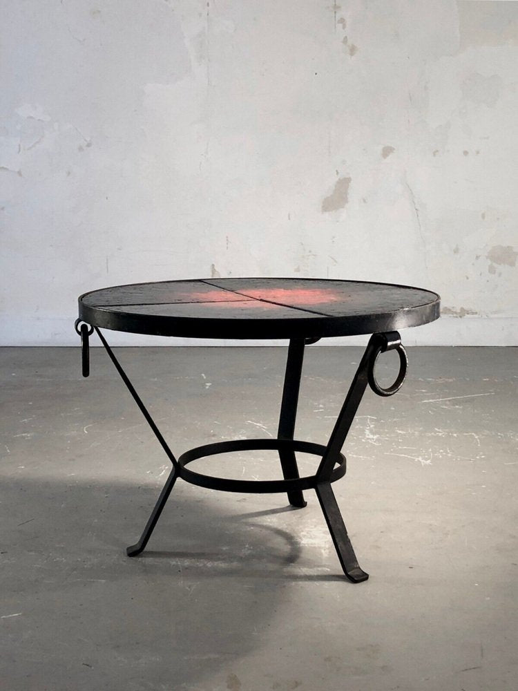 Wrought Iron Coffee Table in Lava Stone in the style of Jean and Robert Cloutier, France, 1950s