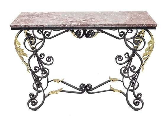 Wrought Iron Console with Golden Acantho Leaves, 1950s-JCN-1702259