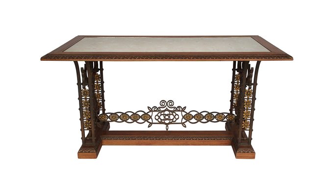 Wrought Iron & Mahogany Console Table, 1950s-CEJ-488328