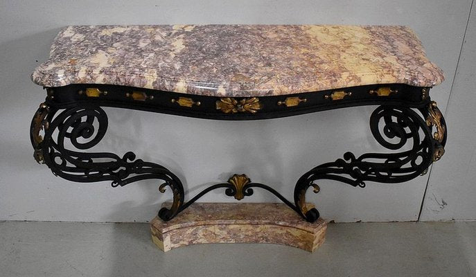 Wrought Iron & Marble Console Table, 1940s-RVK-886188