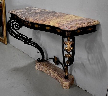 Wrought Iron & Marble Console Table, 1940s-RVK-886188