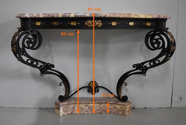 Wrought Iron & Marble Console Table, 1940s-RVK-886188