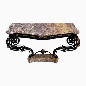 Wrought Iron & Marble Console Table, 1940s-RVK-886188